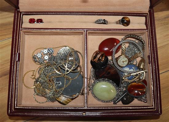 Two boxes of costume jewellery, two ladys 9ct gold cased wrist watches and a 9ct gold watch strap.